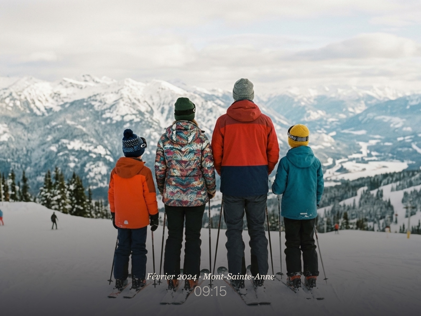 Une famille à ski au sommet d'une piste enneigée, sur l'écran de Carrousel