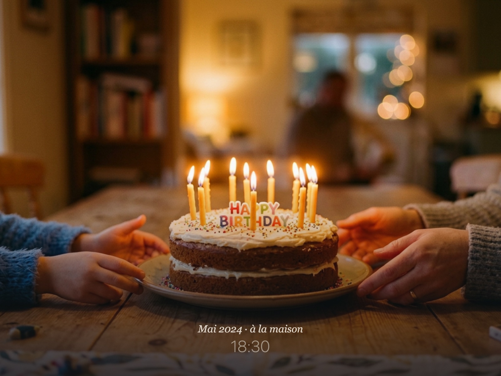 Un gâteau d'anniversaire maison aux bougies allumées, sur l'écran de Carrousel