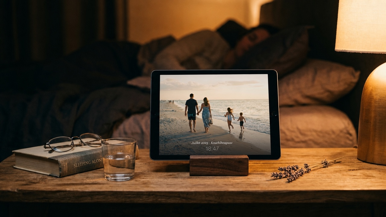 Un iPad à la table de chevet affiche une photo de famille à la plage, le soir