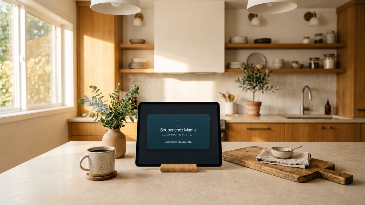 Un iPad sur le comptoir de la cuisine affiche le rendez-vous du jour, le matin
